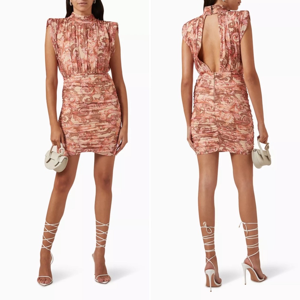 ELLIATT Rosinca Printed Mini Dress Red Pink Stretch Shoulder Pads‎ Sz Large Chic